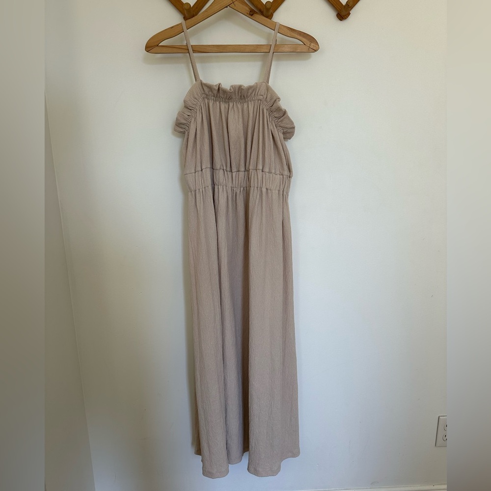 H&M Crinkle Neutral Pink Midi Dress with Elastic Gathered Top